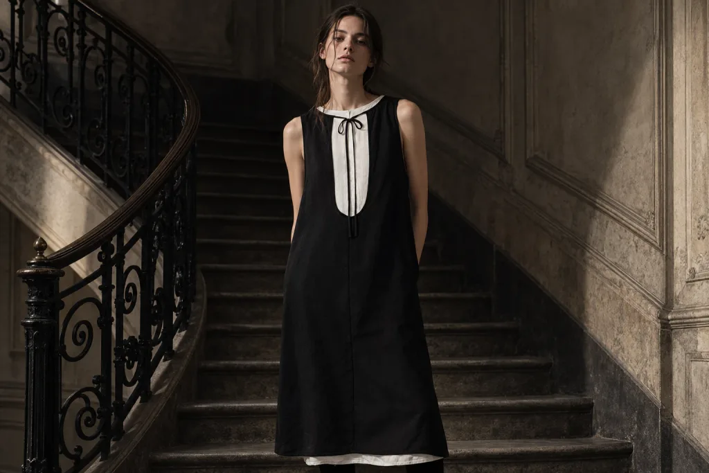 Robe sans manches Rick Owens noire porté dans un escalier haussmannien sombre