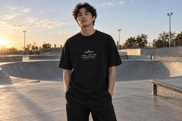 Stone Island — T-shirt Stone Island à inscription Spring - Summer 2026 noir porté sur une place de skatepark en béton