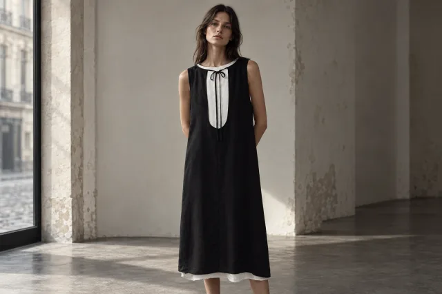 Archive et créateur — Robe sans manches Rick Owens noire porté dans une galerie du Marais