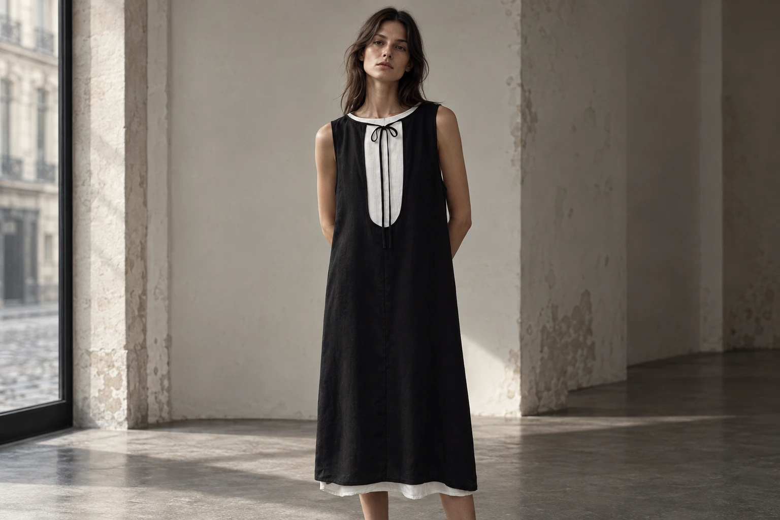 Robe sans manches Rick Owens noire porté dans une galerie du Marais