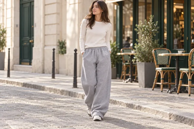 Casual et essentiels — Pantalon Acne Studios gris et blanc porté dans une rue parisienne de quartier