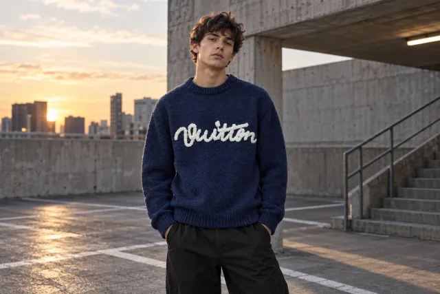 Streetwear — Pull en maille Louis Vuitton bleu porté devant un parking en béton, en fin de journée