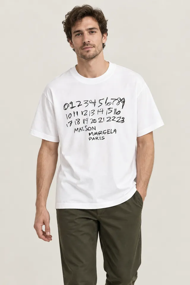 T-shirt Maison Margiela à chiffres manuscrits blanc et noir, Porté de face