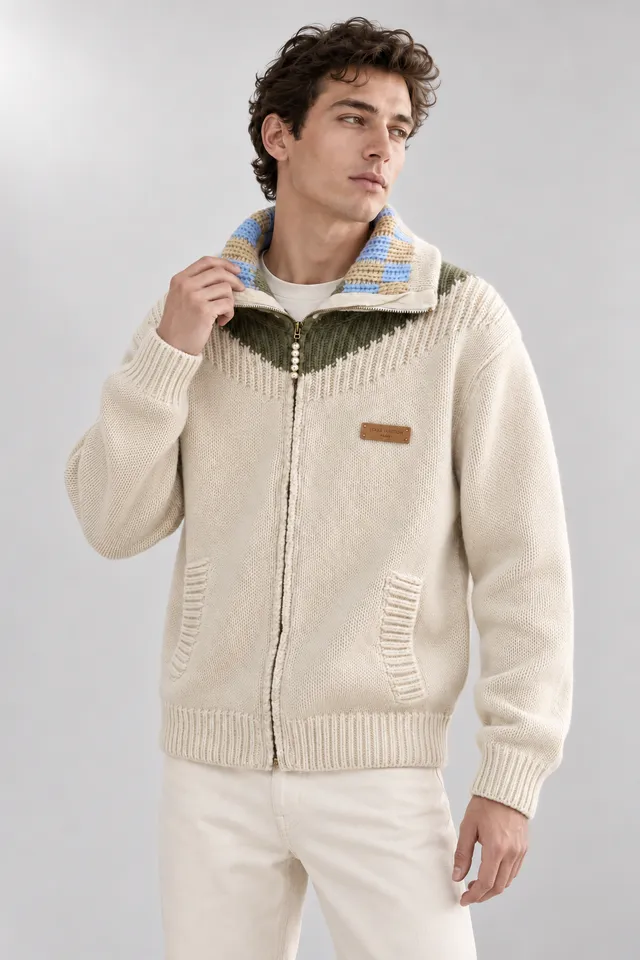 Pull en maille Louis Vuitton à inscription MADE IN ITALY bleu et beige, Porté de face