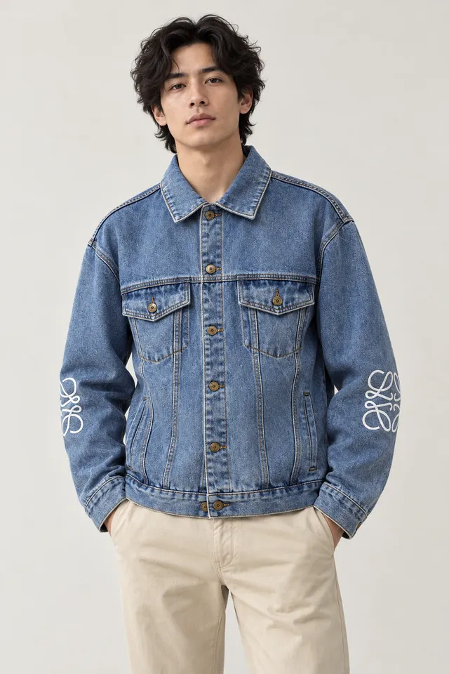 Veste Loewe bleue et blanche, Porté de face