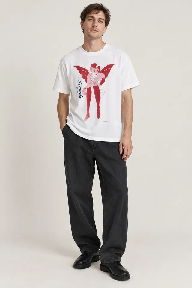 T-shirt Our Legacy Seconds blanc à illustration ailée, Porté de face