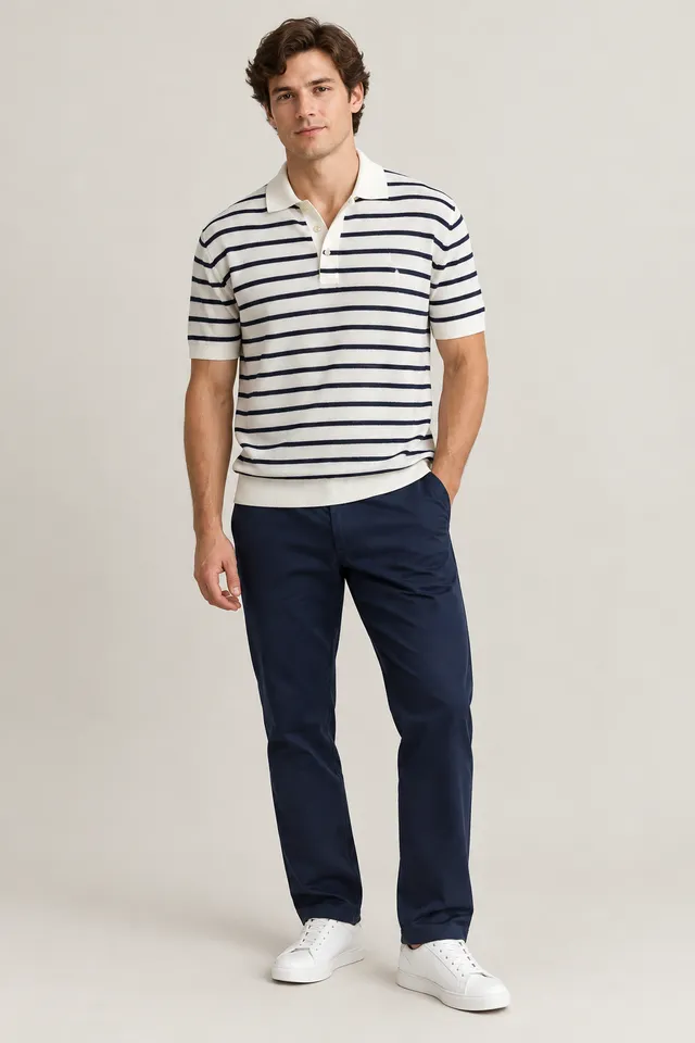 Polo Ralph Lauren à poche poitrine blanc et bleu, Porté de face