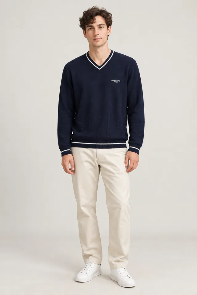 Pull Louis Vuitton bleu marine à liserés blancs, Porté de face