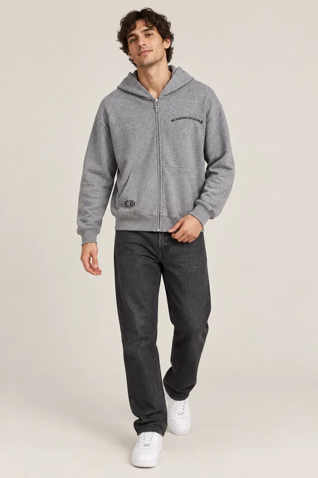 Sweat zippé à capuche Chrome Hearts gris, Porté de face